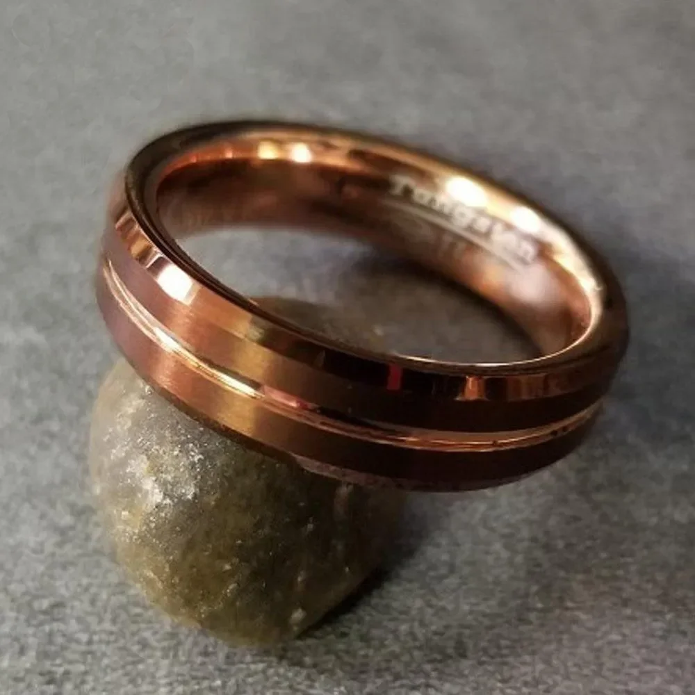 Engraved Men's Real Copper Brown Tungsten Wedding Ring - Rose Gold Center Groove